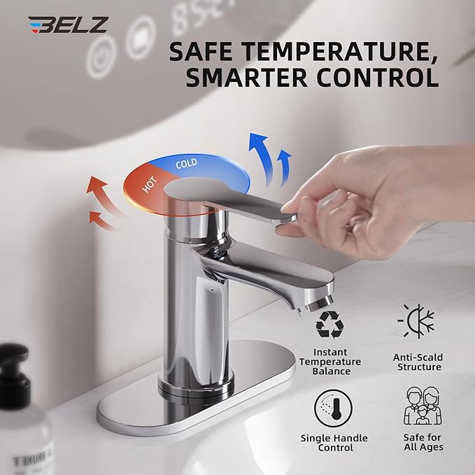 BELZ Bathroom Faucet, Single Handle Matte Black Sink Faucet for 1 or 3 Hole Installation, Modern Lead-Free Metal Vanity Faucet with Pop-Up Drain & Supply Hoses (Polished Chrome)