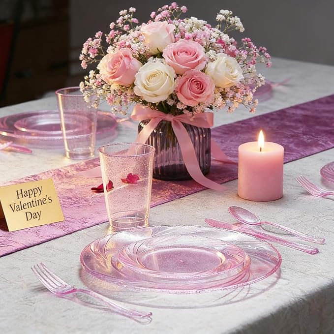 WDF Rose Gold Pink Plastic Plates with Pink Plastic Silverware include 40 Dinner & Salad Plates, 40Forks, 40 Knives, 40 Spoons for Wedding/Party/Valentine's Day
