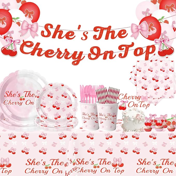 Birthday Party Decorations, Pink Cherry Theme Party Kit for Sweet Ladies and Girls, Total 214 PCS for 24 People, Including Banners,Cherry Plates,Cups and Other PINK Birthday Party Decorations