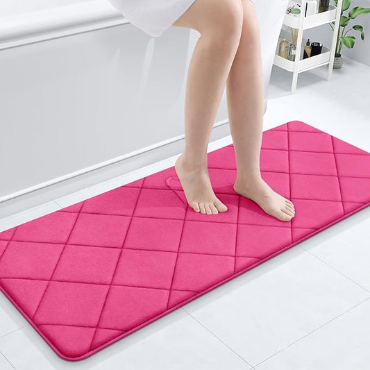 OLANLY Memory Foam Bath Mat 47x20, Ultra Soft and Absorbent Bathroom Rugs, Machine Washable, Comfortable Bath Carpet for Bathroom Floor, Tub and Shower, Deep Pink
