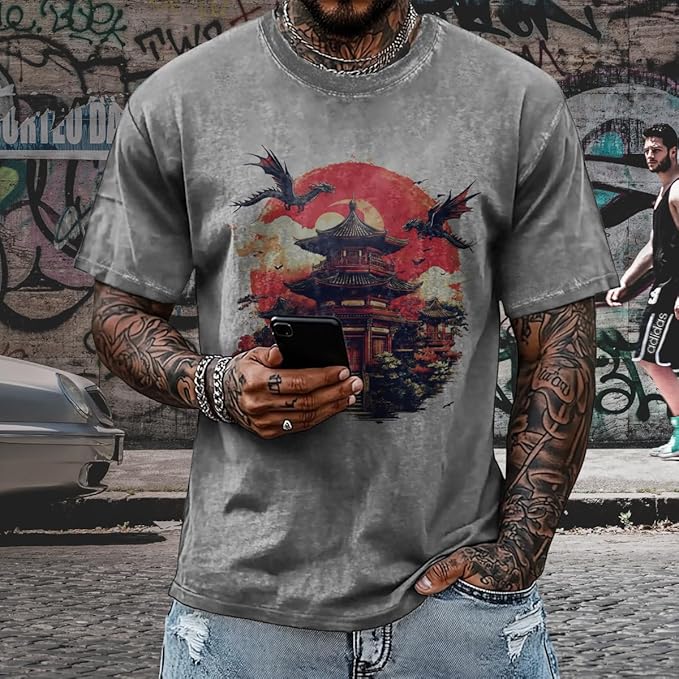 Mens Dragon Grpahic T-Shirts Short Sleeve 100% Cotton Crewneck Big and Tall Outdoor Summer Quick Dry Undershirts