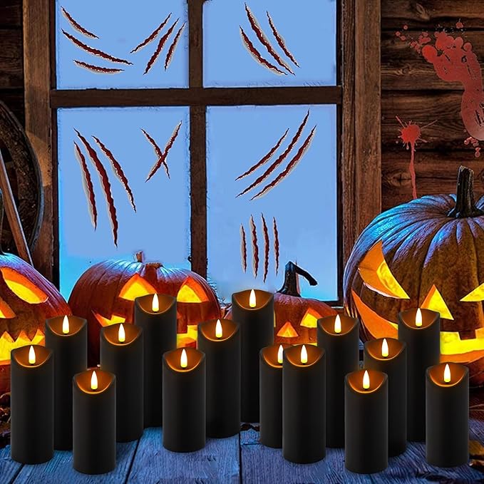 Realistic Flameless LED Candle Black Set of 24, Battery Operated with Remote Control, 3D Flame Pillar Timer Funtion Melted Top Safe,Perfect for Indoor/Outdoor Decor,Wedding,BBQ and Gift