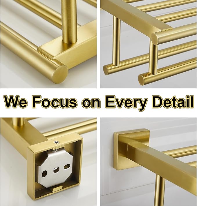 Towel Rack for Bathroom 20 Inch Wall Mounted Towel Rack Brushed Gold Towel Shelf with Double Towel Bar SUS304 Stainless Steel Towel Holder for Bathroom Wall Hotel Towel Rail