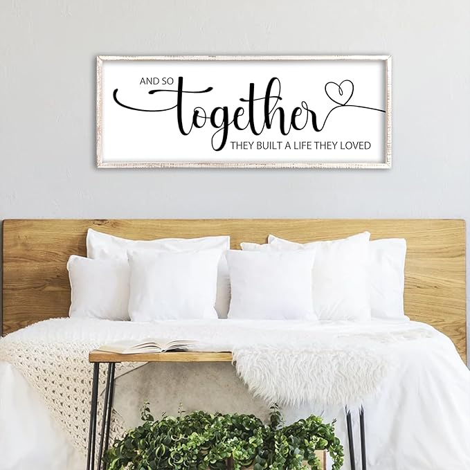 And So Together They Built A Life They Loved Sign Wall Decor 40"X15" Bedroom Above Over Bed Large Wood Framed Love Quotes for Couple Wall Hanging Art (White)
