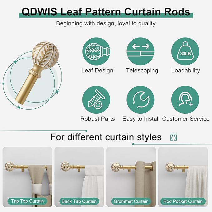 Gold Curtain Rods for Windows 28 to 48 inch,1" Adjustable Heavy Duty Window Curtain Rod with Leaf Finials,Rustic Decorative Drapery Rods Set,Size:18-60''