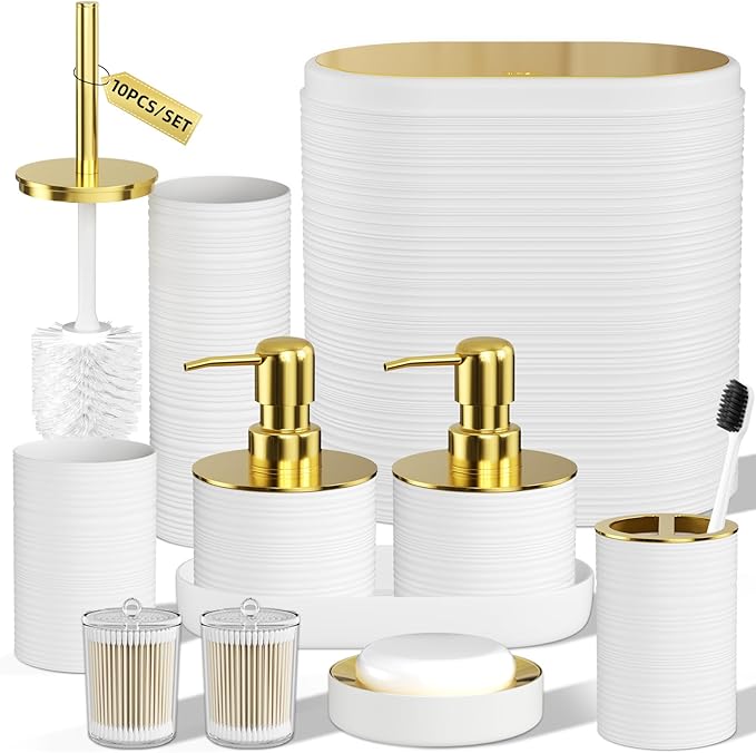 Bathroom Set, 10PC Bathroom Accessory Set, White Bathroom Accessories, White and Gold Bathroom Set with Trash Can, Soap Dispensers