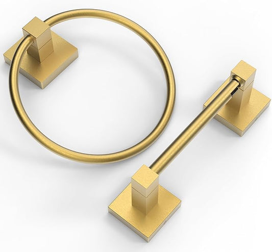 Ruacq Brushed Gold Toilet Paper Holder Towel Ring Bathroom Accessories Hardware Set Double Post Pivoting Toilet Roll Holder Square Stainless Steel and Zinc Alloy Modern Wall Mounted 2 Pieces