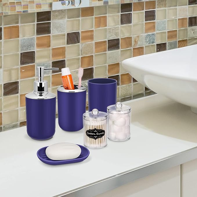 IMAVO Bathroom Accessories Set,Navy Blue Bathroom Set,9 Pieces Bathroom Accessory Set,Tray,Qtip Holders,Toilet Brush,Trash Can for Bathroom Décor and Home Gifts