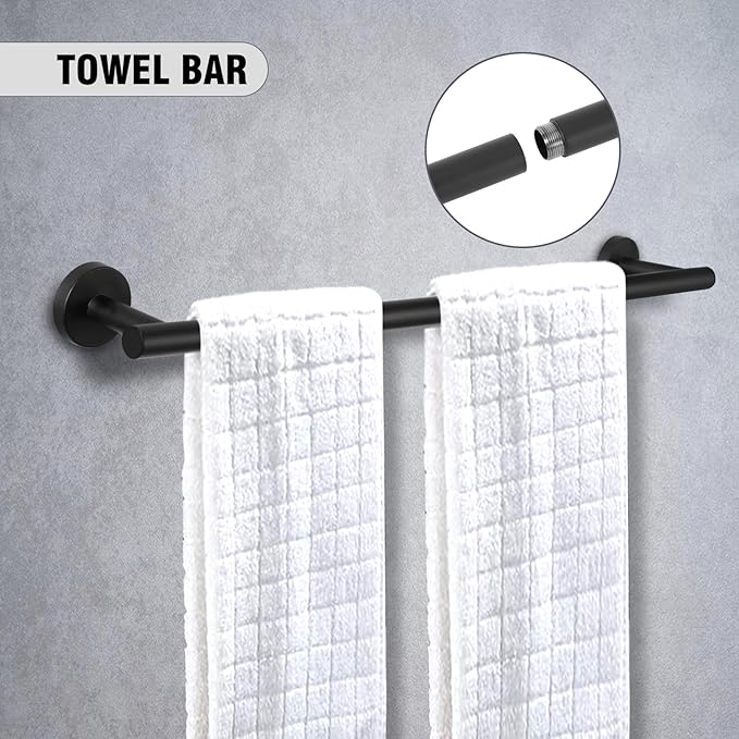 5-Piece Towel Racks for Bathroom, Stainless Steel Bathroom Accessories Set, Bathroom Towel Holder Wall Mounted, Sturdy Bath Towel Bar Set Bathroom Hardware Set (Matte Black, 2 Pillar Paper Holder)