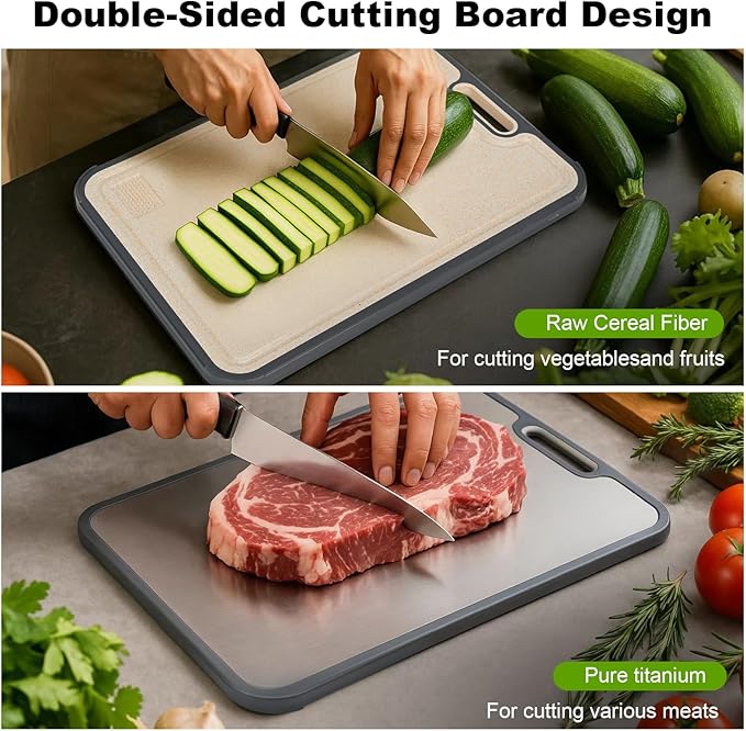 Titanium Cutting Board for Kitchen,2-in-1 Double Sided Food-Grade Pure Titanium&Wheat Straw PP,Non-Toxic，Non-Slip，Ideal for Meat,Fruit，Vegetables & Family Cooking ，Easy to Clean Large Size 15.2”×10.5”