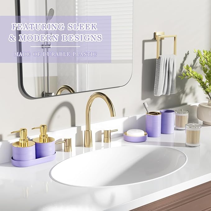 Bathroom Set, 10PC Bathroom Accessory Set, Purple Bathroom Accessories, Purple and Gold Bathroom Set with Trash Can, Soap Dispensers