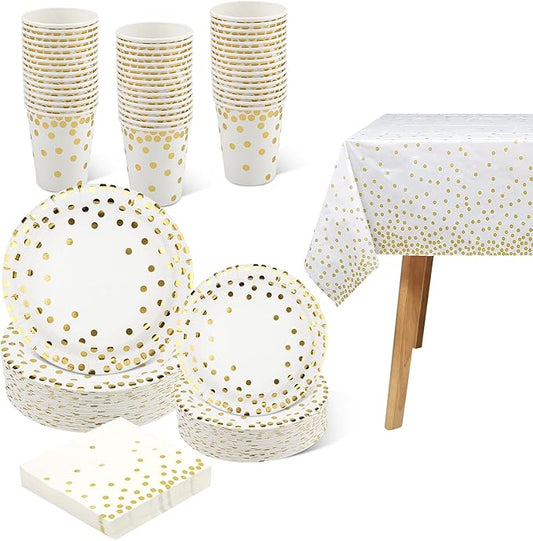 201 PCS Disposable Paper Plates Gold Party Supplies, Golden Polka Dots Birthday and Baptism Decorations, include Plates and Cups, Napkins, Plastic Tablecloth for Baby Shower Wedding Christmas