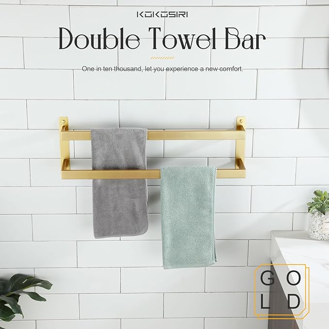 KOKOSIRI Bath Towel Bars Bathroom 2-Tiers Ladder Brushed Gold Towel Rails 24 Inches Towel Holders Wall Mounted Towels Shelves Rack Stainless Steel, B5008BG-L24
