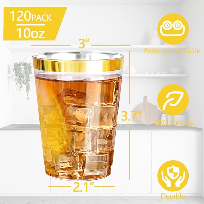 Ciaell 120PCS Gold Plastic Cups - 10Oz Heavy Duty Clear Plastic Cups with Gold Rim - Gold Rim Disposable Cups for Wedding, Birthday & Christmas