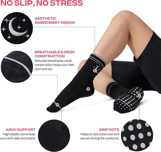 CoolMate Pilates Socks with Grips for Women, Yoga Socks, Crew Non Slip Women for Barre, Pilates Gifts