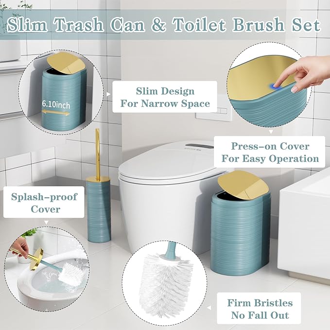 Bathroom Set, 10PC Bathroom Accessory Set, Light Blue Bathroom Accessories, Blue and Gold Bathroom Set with Trash Can, Soap Dispensers