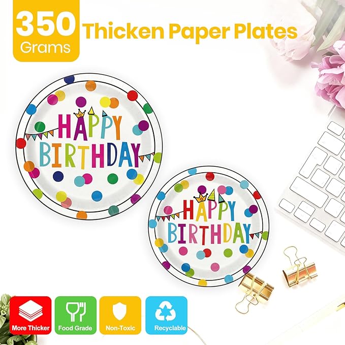 Happy Birthday Paper Plates and Napkins Sets - 350 Pcs Polka Dots Happy Birthday Party Supplies Tableware Set, Disposable Plates Napkins Kit for Boys Girls Birthday Party Decorations, Serves 50