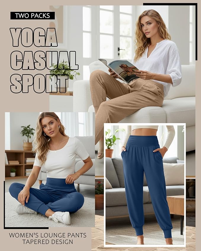 2 Pack Women's Yoga Joggers, Cozy Sweatpants with Pockets Casual Loose Comfy High Waisted Lounge Pants
