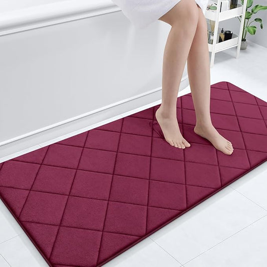 OLANLY Memory Foam Bath Mat 59x24, Ultra Soft and Absorbent Bathroom Rugs, Machine Washable, Comfortable Bath Carpet for Bathroom Floor, Tub and Shower, Burgundy