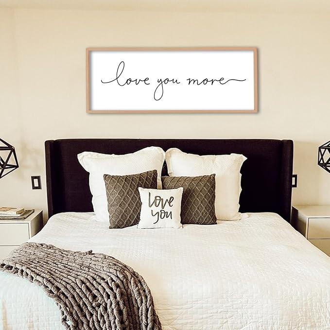 Love You More Sign Wall Decor Art 40"X15" Master Bedroom Guest Room Above Over Bed for Home Couple Rustic Large Wood Framed Wall Hanging (Wood)