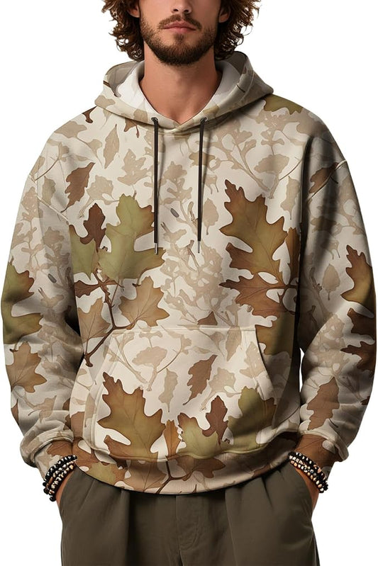 Mens Camo Hoodies Maple Leaf Graphic Camouflage Pullover Sweatshirts Hooded Fleece Casual Hunting Fall Outfits