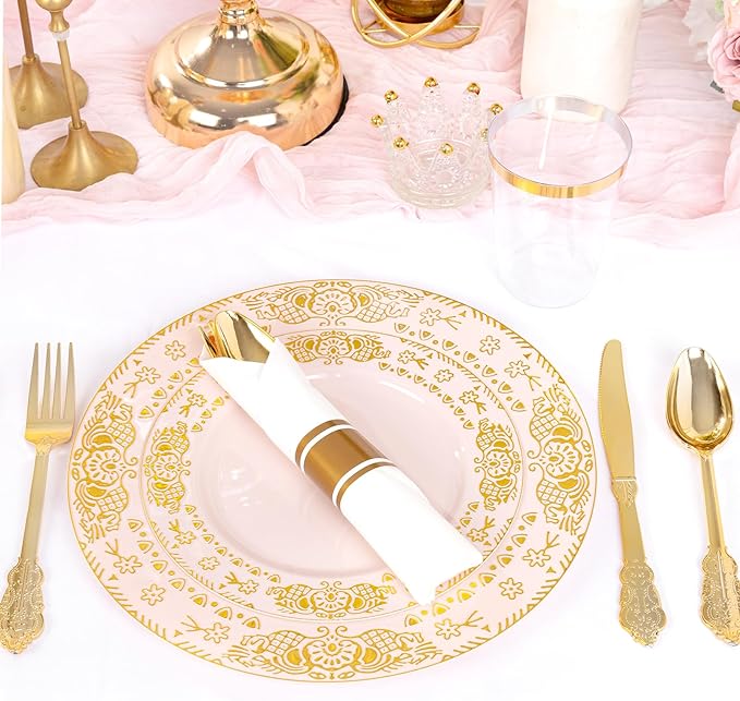 GATHER 350PCS Pink and Gold Plastic Plates - Gold Disposable Dinnerware Set Include 50 Dinner Plates, 50 Dessert Plates, 150 Plastic Silverware, 50 Napkins, 50 Cups for Party & Wedding