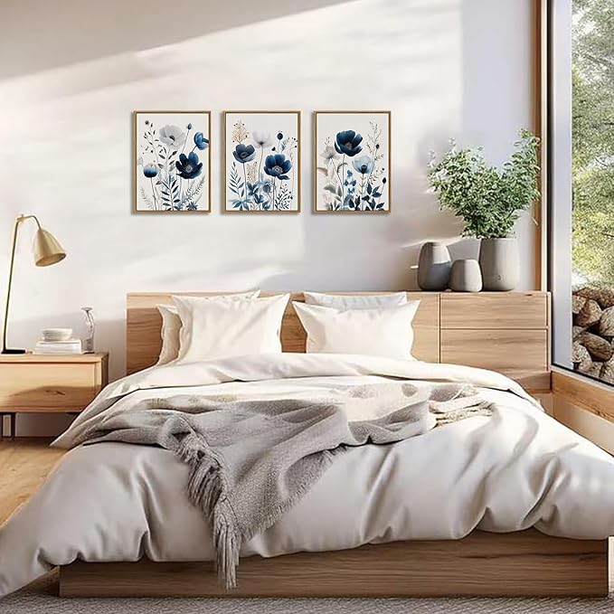BingruiArt Navy Blue Wall Art Canvas Abstract Floral Painting Blue and Gray Posters Flower Decor Wildflower Pictures Botanical Prints for Living Room Bedroom Bathroom 3 Pcs 12"x16" Natural Framed