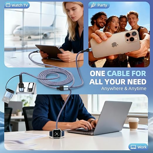 3 in 2 Multi Charging Cable for Apple Watch Charger/iPhone Charger/CarPlay Cable, Travel Vacation Essentials, (2Pack 5FT) USB C/L/iWatch Charging Cords for iWatch 11-1/iPhone 17-12, Android Car, Blue