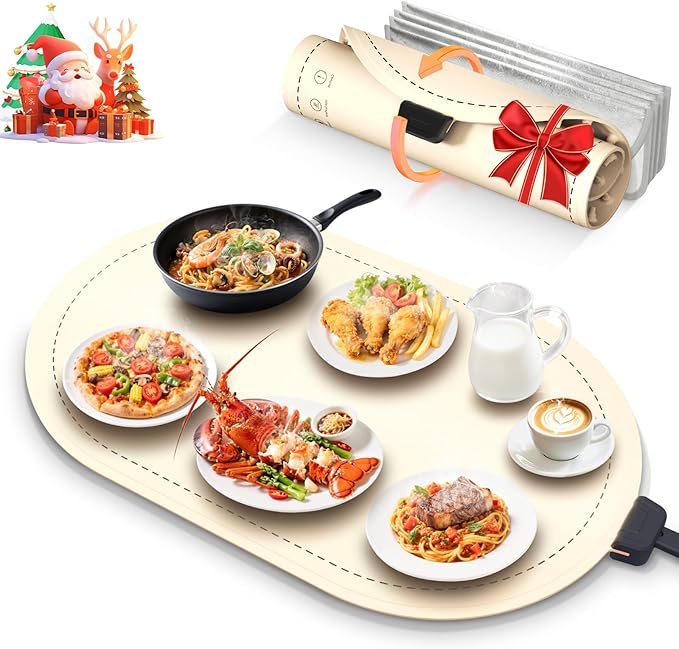 Warming Mat for Food,Temperature Adjustable Food Warmers for Parties Buffet with Timer,Silicone Food Warming Trays with Heat Proof Base,Roll Up Food Heating Mat for Home & Travel(Beige)