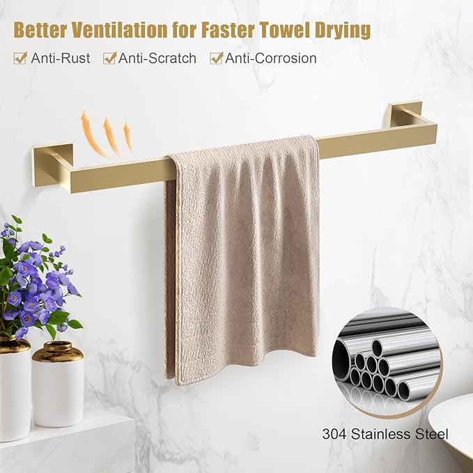 TQKAG Brushed Gold Bathroom Hardware Accessories Set 5 Pieces, Double Post Pivoting Toilet Paper Holder Set Stainless Steel Square Bathroom Towel Bar Holder Set Wall Mounted
