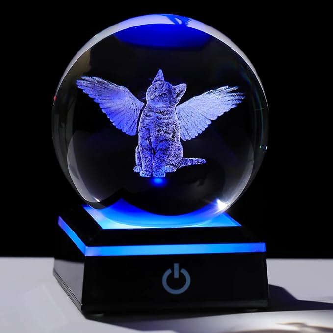 Qianwei Cat Memorial Angel Statue - 3D Crystal Engraved Office Decor - Remembrance Bereavement Sympathy Gift in Memory of Deceased Pets