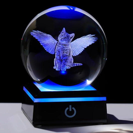 Qianwei Cat Memorial Angel Statue - 3D Crystal Engraved Office Decor - Remembrance Bereavement Sympathy Gift in Memory of Deceased Pets
