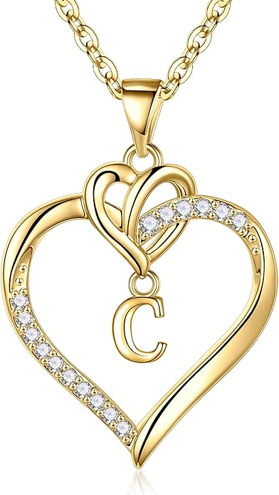 STORUP Christmas Gifts for Women Teen Girls - Heart Initial Necklaces for Women Girls, 14K-Gold-Plated Cubic Zirconia Initial A-Z Pendant Dainty Heart Necklaces for Teen Girl Jewelry Birthday Gifts