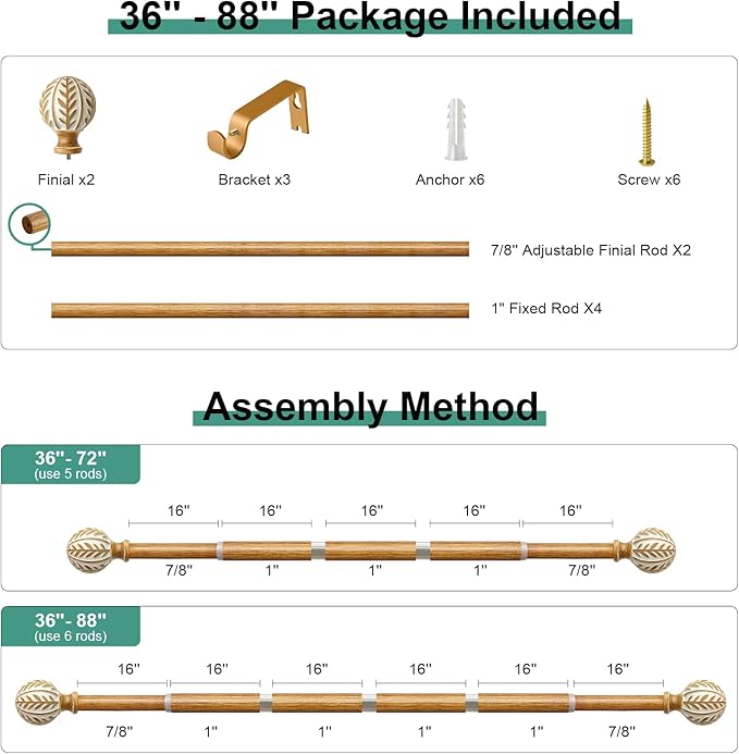 Boho Wood Curtain Rods for Windows 48 to 84 inch,1" Adjustable Heavy Duty Window Curtain Rod with Imitation Wood Grain Finials,Rustic Decorative Drapery Rods Set,Size:36-88'',Maple Wood