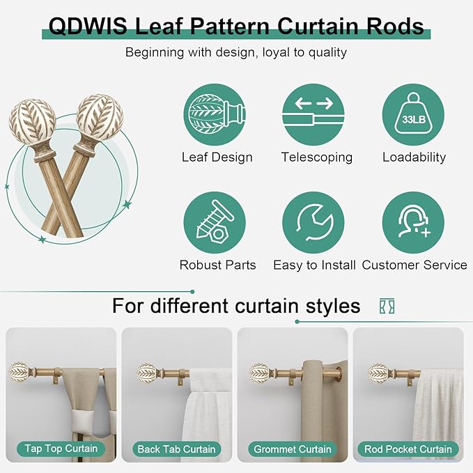 Boho Wood Curtain Rods for Windows 66 to 120 inch,1" Adjustable Heavy Duty Window Curtain Rod with Imitation Wood Grain Finials,Rustic Decorative Drapery Rods Set,Size:36-120'',Weathered Wood