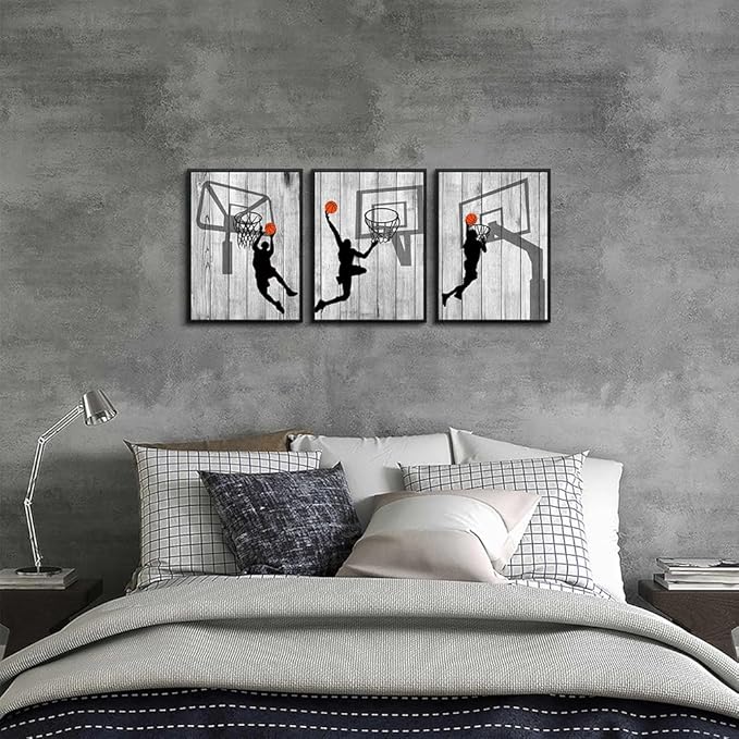 Black Framed Wall Art For Living Room Boy's Bedroom Wall Decor Artwork Office Wall Hanging Decor Black And White Prints Framed Pictures Play Basketball Sport Painting Modern Home Decoration 3 Piece