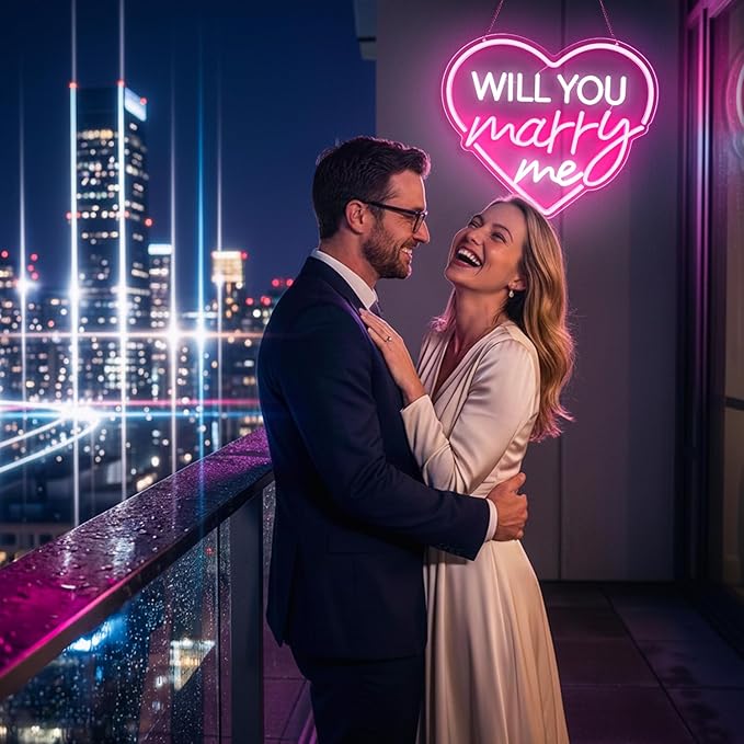 Will You Marry Me Neon Sign Pink Heart LED Light for Proposal Decor, Romantic Engagement Decoration USB Powered LED Wall Sign for Wedding, Valentine’s Day, Anniversary, Bedroom Decor