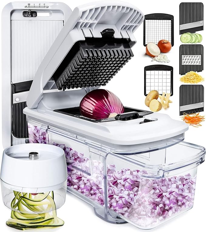 Fullstar Mandoline Slicer for Kitchen - Vegetable Chopper, Onion Potato Food Veggie Fruit Slicer and Cutter with Container, Kitchen Gadgets & Gifts, Home Essentials (6 in 1, Black/White)