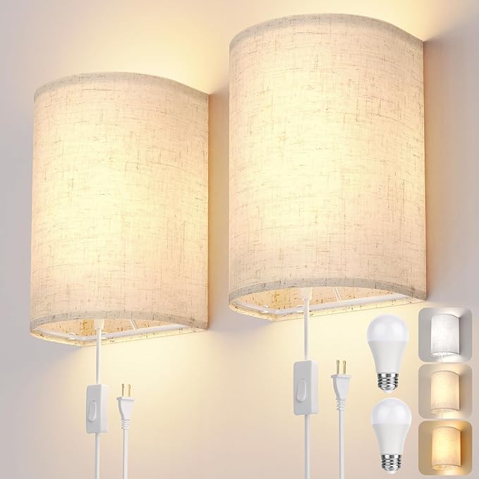 OCATO Plug in Wall Sconces Set of Two: Wall Light Wall Lamp with On/Off Switch 3000K 4500K 6000K Selectable Fixtures Fabric Linen Shade Wall Decor Wall Lights for Bedroom Living Room Hallway Indoor