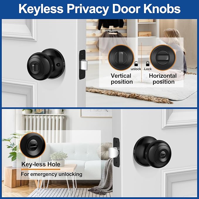 10 Pack Privacy Door Knob, Matte Black Door Knobs Interior Keyless Door Locks for Bedrooms, Bathroom Door Knob for Left/Right Handle Doors