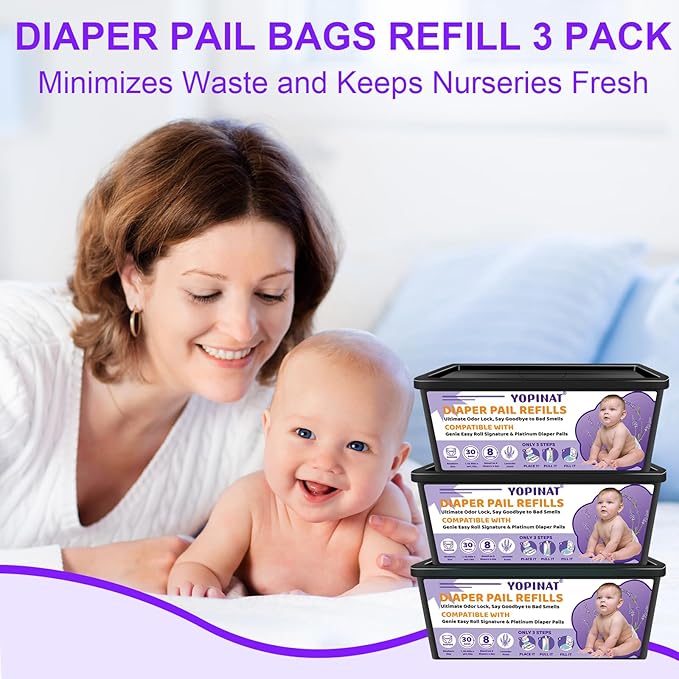 Diaper Easy Roll Refill Bags 3 Pack | 90 Diaper Pail Refills | Holds Up to 4200 Newborn Diapers | Superior Odor Control | Compatible with Genie Easy Roll Signature & Platinum Pails