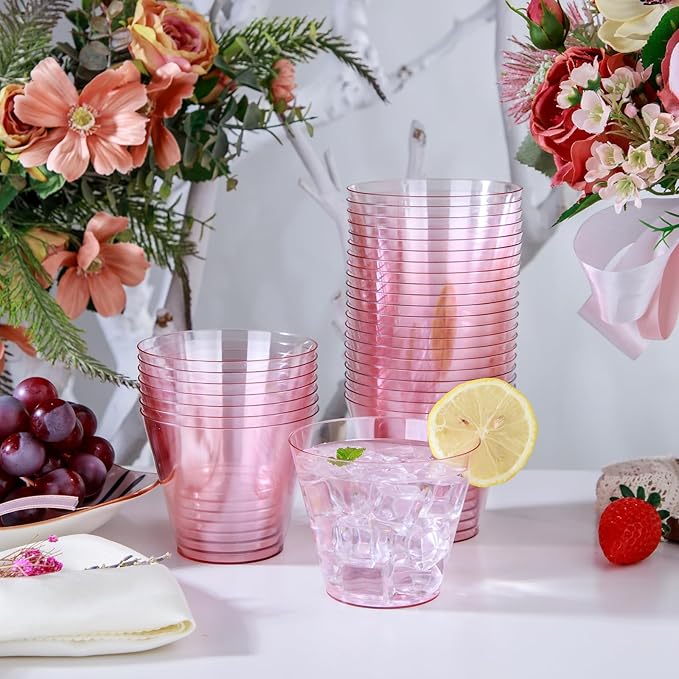 Ciaell 300PCS Clear Pink Plastic Cups - 9 Oz Heavy Duty Plastic Cups - Clear Party Cup Disposable Wine Cup for Parties & Weddings & Party