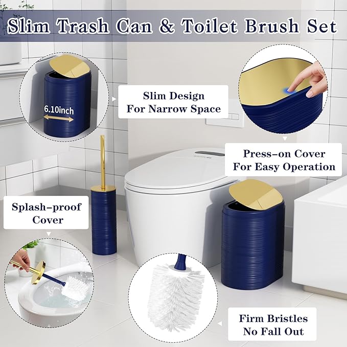Bathroom Set, 10PC Bathroom Accessory Set, Blue Bathroom Accessories, Navy Blue and Gold Bathroom Set with Trash Can, Soap Dispensers