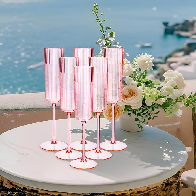 36 Pack Pink Plastic Champagne Flutes - 6oz Ribbed Disposable Champagne Glasses - Clear Pink Vintage Mimosa Glasses with Long Stem Elegant & Lightweight for Wedding Party
