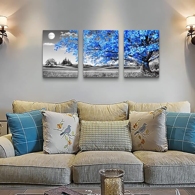 Wall Art For Living Room black and white Blue tree moon Canvas Wall Decor for Home artwork Painting 12" x 16" 3 Pieces Canvas Print For bedroom Decor Modern Salon kitchen office Hang a picture