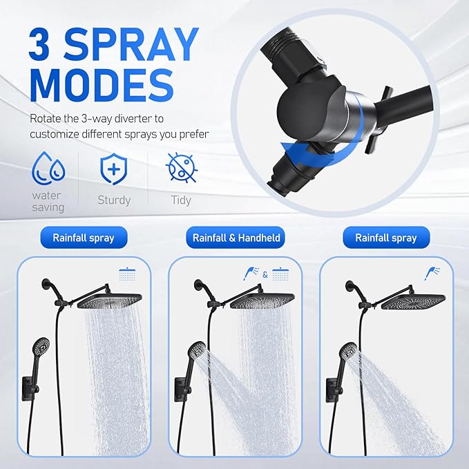 Wide Rain Shower Head With 5 Modes Handheld Showerheads, High Pressure Showerhead Combo with Extension Arm for Bathroom Accessories, Adjustable Shower Head with Anti-Clog Nozzles (Black)