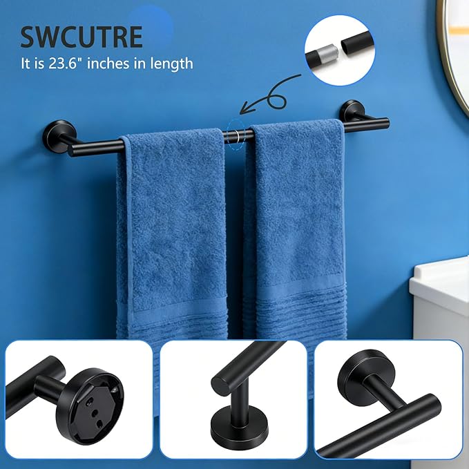 5-Piece Matte Black Bathroom Hardware Set - 5-in-1 Towel Rack Set, 23.6-inch SUS304 Stainless Steel Towel Bar and Toilet Paper Holder | Modern Black Bathroom Accessories (5, Matte Black)