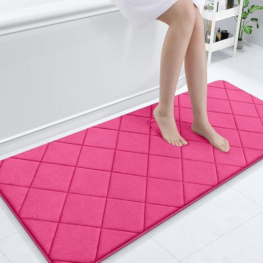 OLANLY Memory Foam Bath Mat 59x24, Ultra Soft and Absorbent Bathroom Rugs, Machine Washable, Comfortable Bath Carpet for Bathroom Floor, Tub and Shower, Deep Pink