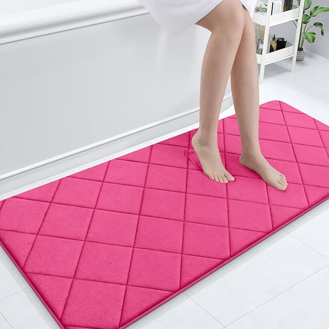 OLANLY Memory Foam Bath Mat 70x24, Ultra Soft and Absorbent Bathroom Rugs, Machine Washable, Comfortable Bath Carpet for Bathroom Floor, Tub and Shower, Deep Pink