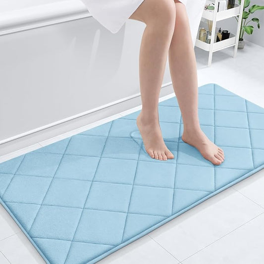 OLANLY Memory Foam Bath Mat 44x24, Ultra Soft and Absorbent Bathroom Rugs, Machine Washable, Comfortable Bath Carpet for Bathroom Floor, Tub and Shower, Sky Blue